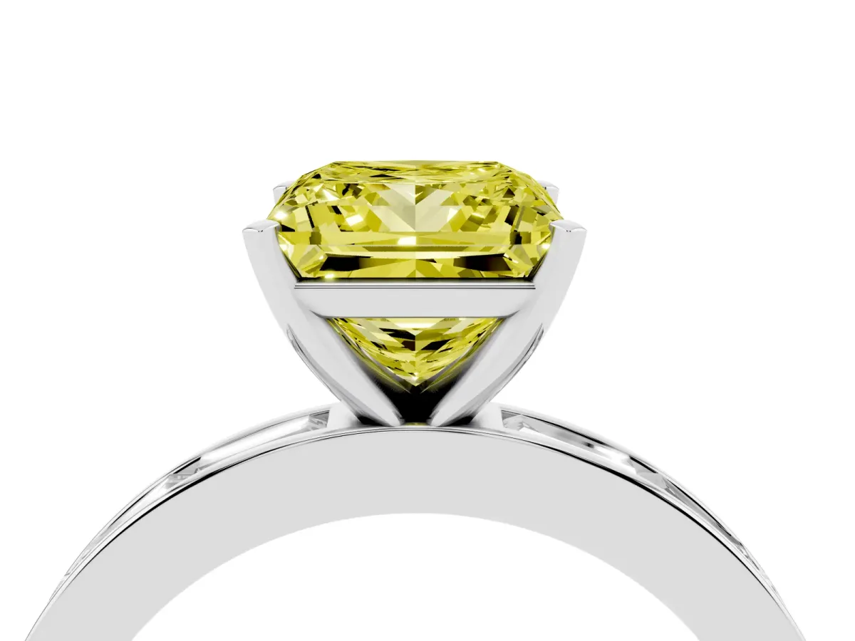 Fancy Yellow Princess Cut Solitaire Diamond Ring with Channel-Set Baguette Band and Four-Prong Setting Platinum
