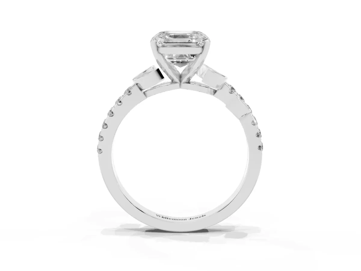 Asscher Cut Solitaire Leaf-Inspired Diamond Ring with Pavé Band and Four-Prong Setting Silver