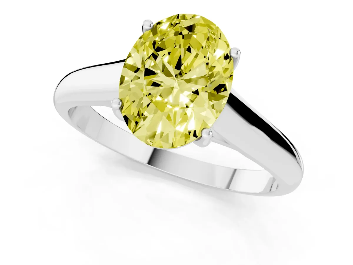 Fancy Yellow Oval Cut Solitaire Engagement Ring with Tapered Band and Four-Prong Setting Platinum