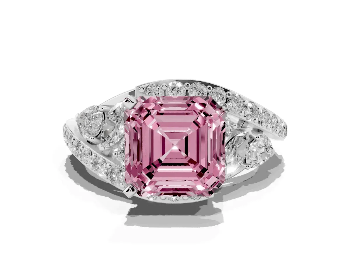 Fancy Pink Asscher Cut Diamond Halo Ring with Marquise and Pavé Band in Prong Setting Silver