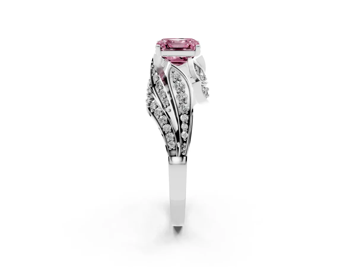 Fancy Pink Asscher Cut Diamond Solitaire Ring with Prong Setting and Twisted Pavé Band Silver