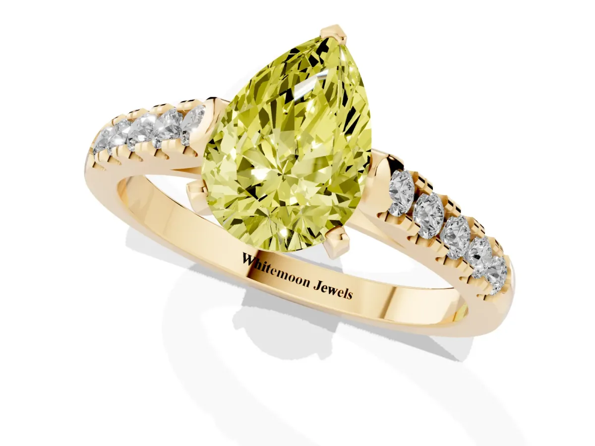 Fancy Yellow Pear Cut Diamond Pavé Band Solitaire Ring with Prong Setting Yellow gold