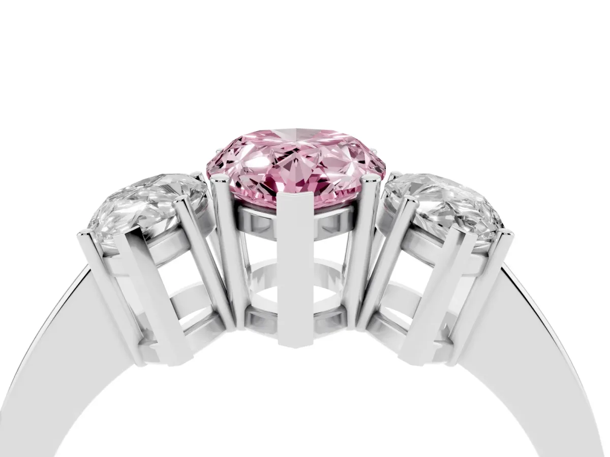 Fancy Pink Three-Stone Pear Cut Cut Diamond Engagement Ring with Flat Band and Four-Prong Setting Silver