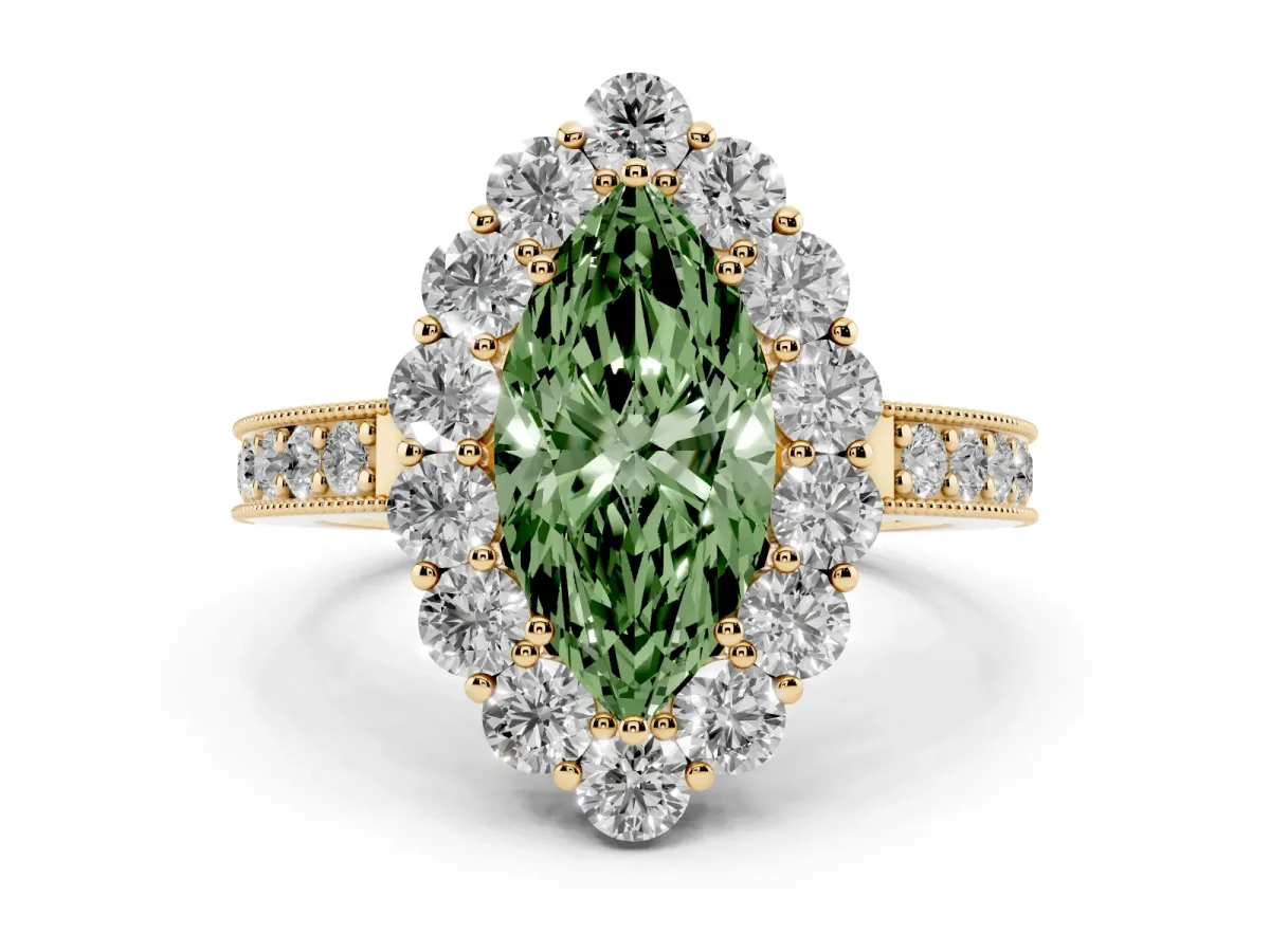 Fancy Green Marquise Cut Cut Halo Diamond Pavé Engagement Ring with Milgrain Detailing Yellow gold
