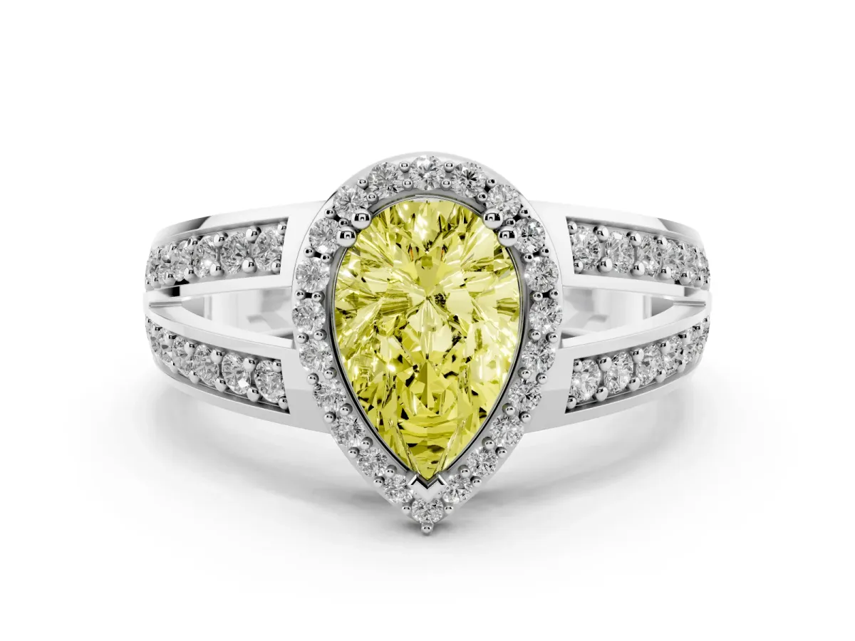 Fancy Yellow Pear Cut Diamond Halo Ring with Split Shank Pavé Band and Four-Prong Setting Platinum