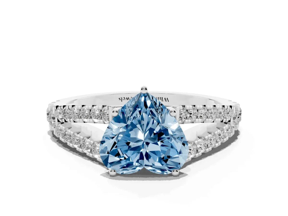 Fancy Blue Heart Cut Diamond Split Shank Pavé Engagement Ring with Four-Prong Setting White gold