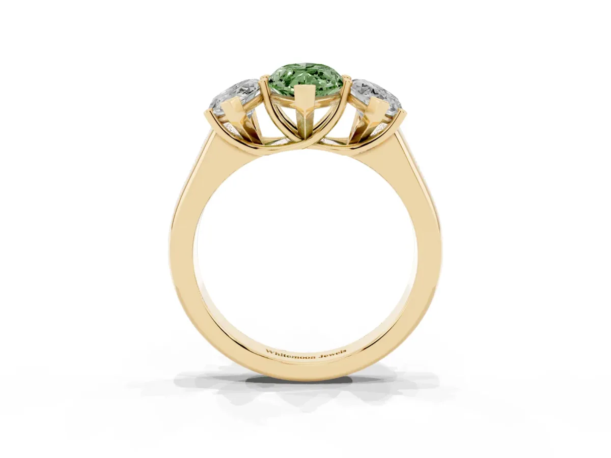 Fancy Green Marquise Cut Three-Stone Diamond Ring with Prong Setting on a Classic Band Yellow gold