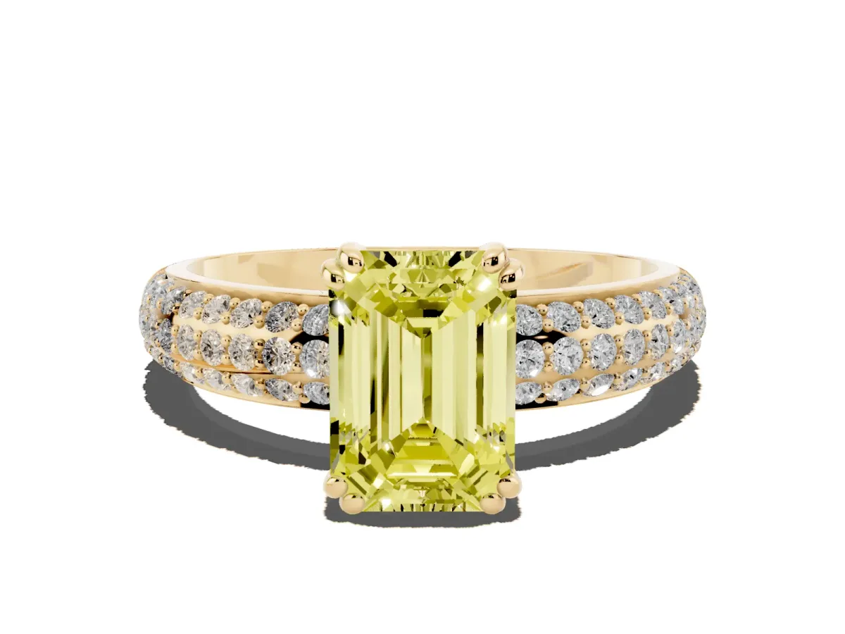 Fancy Yellow Emerald Cut Diamond Solitaire Ring with Multi-Row Round Pavé Band and Prong Setting Yellow gold