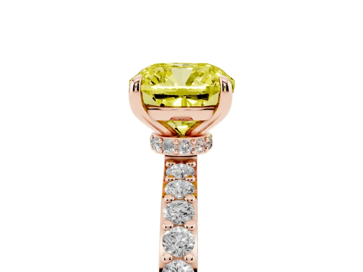 Fancy Yellow Cushion Cut Diamond Solitaire Engagement Ring with Pavé Band and Four-Prong Setting Rose gold