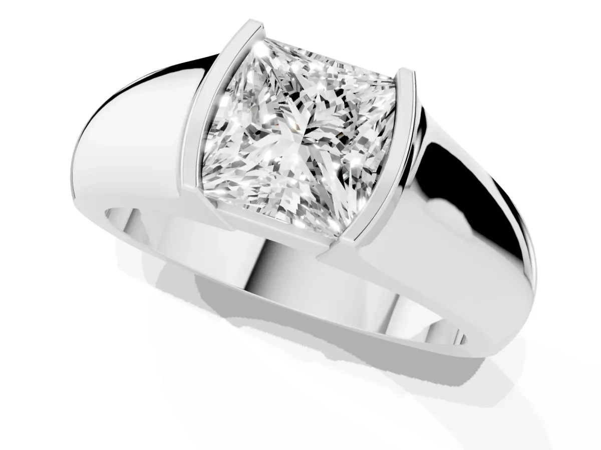Princess Cut Solitaire Bezel Set Diamond Ring with Wide Band Silver