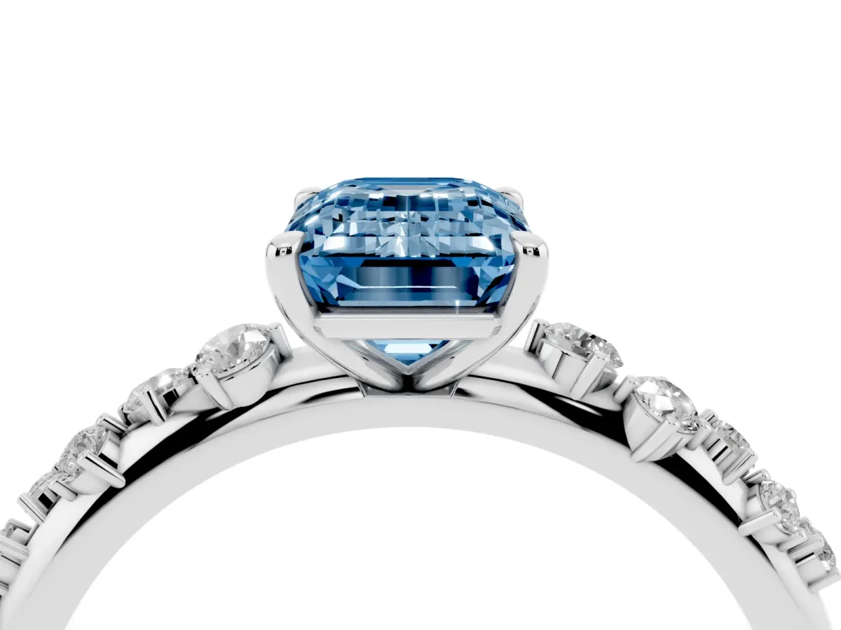 Fancy Blue Emerald Cut Diamond Cluster Prong-Set Solitaire Ring White gold