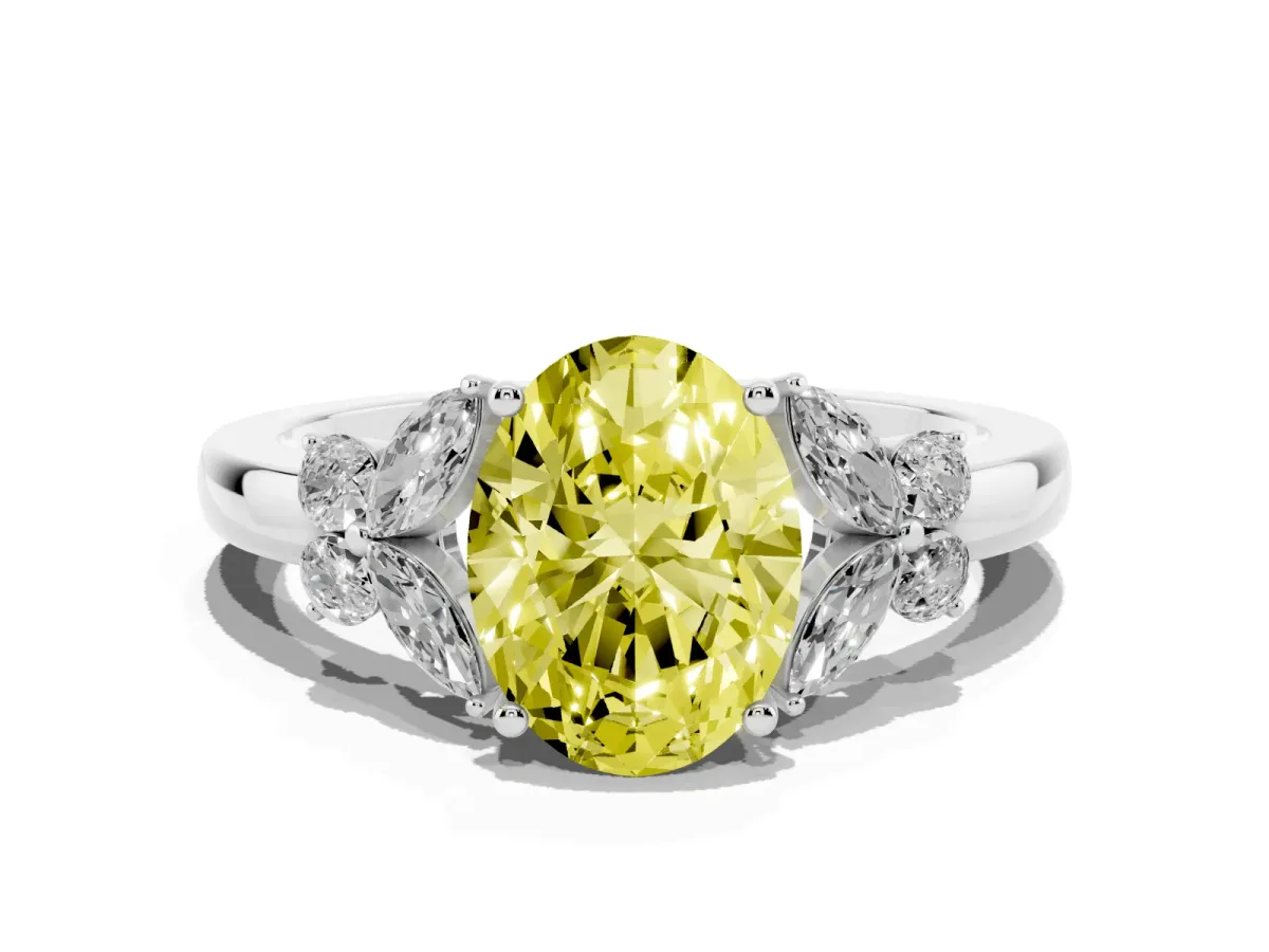 Fancy Yellow Oval Cut Cut Solitaire Floral Diamond Ring with Four-Prong Setting Platinum