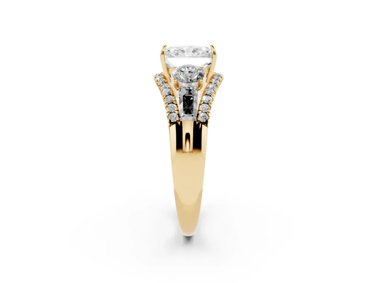 Three-Stone Radiant Cut Diamond Engagement Ring with Pave Band and Prong Setting Yellow gold