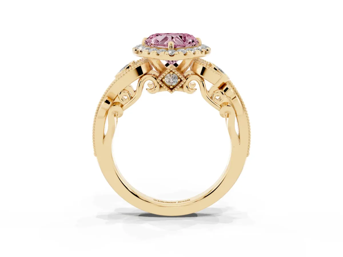 Fancy Pink Heart Cut Diamond Halo Ring with Milgrain Pavé Band and Four-Prong Setting Yellow gold