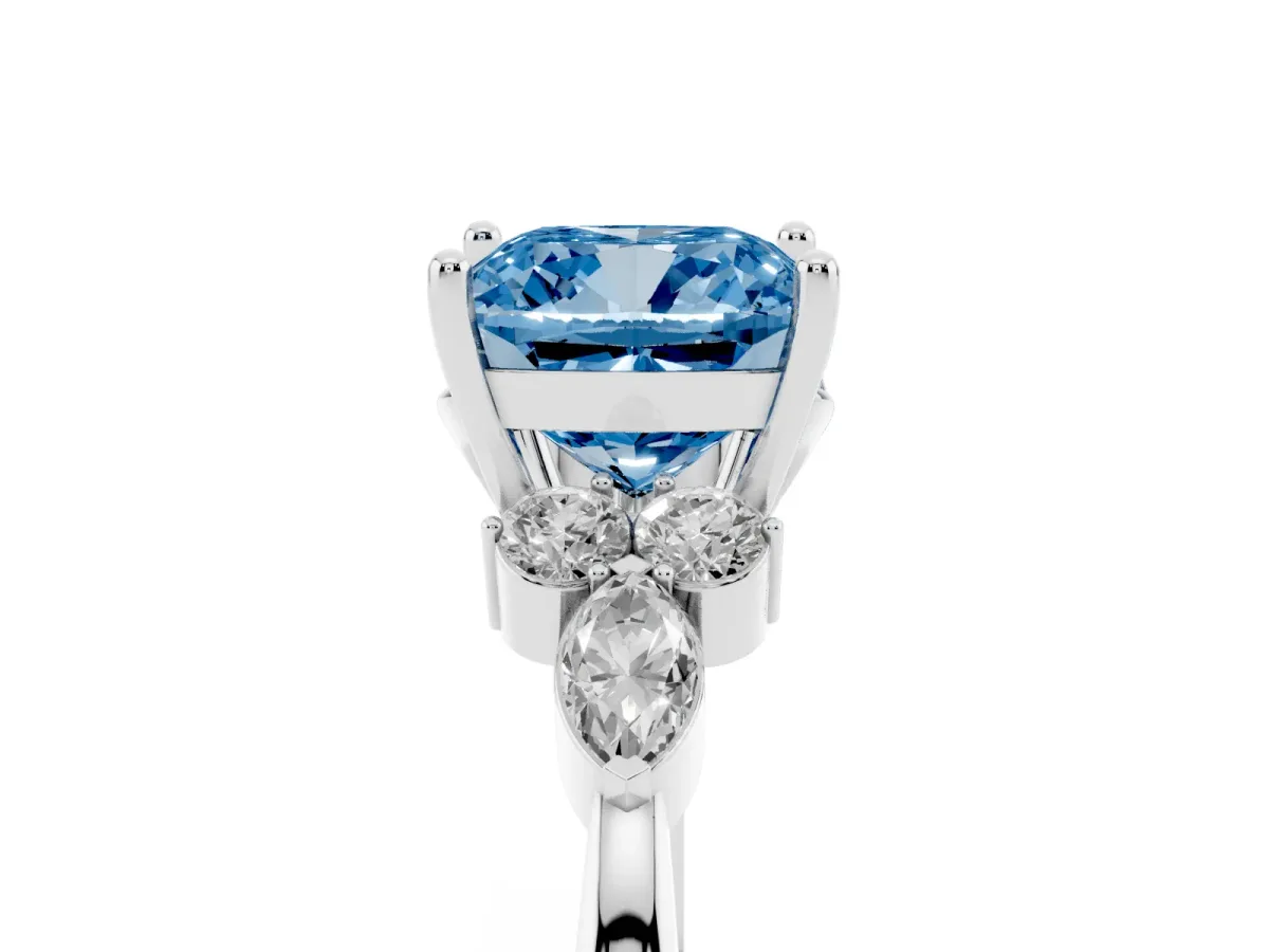 Fancy Blue Cushion Cut Brilliant Diamond Solitaire Ring with Pear Side Stones and Four-Prong Setting White gold
