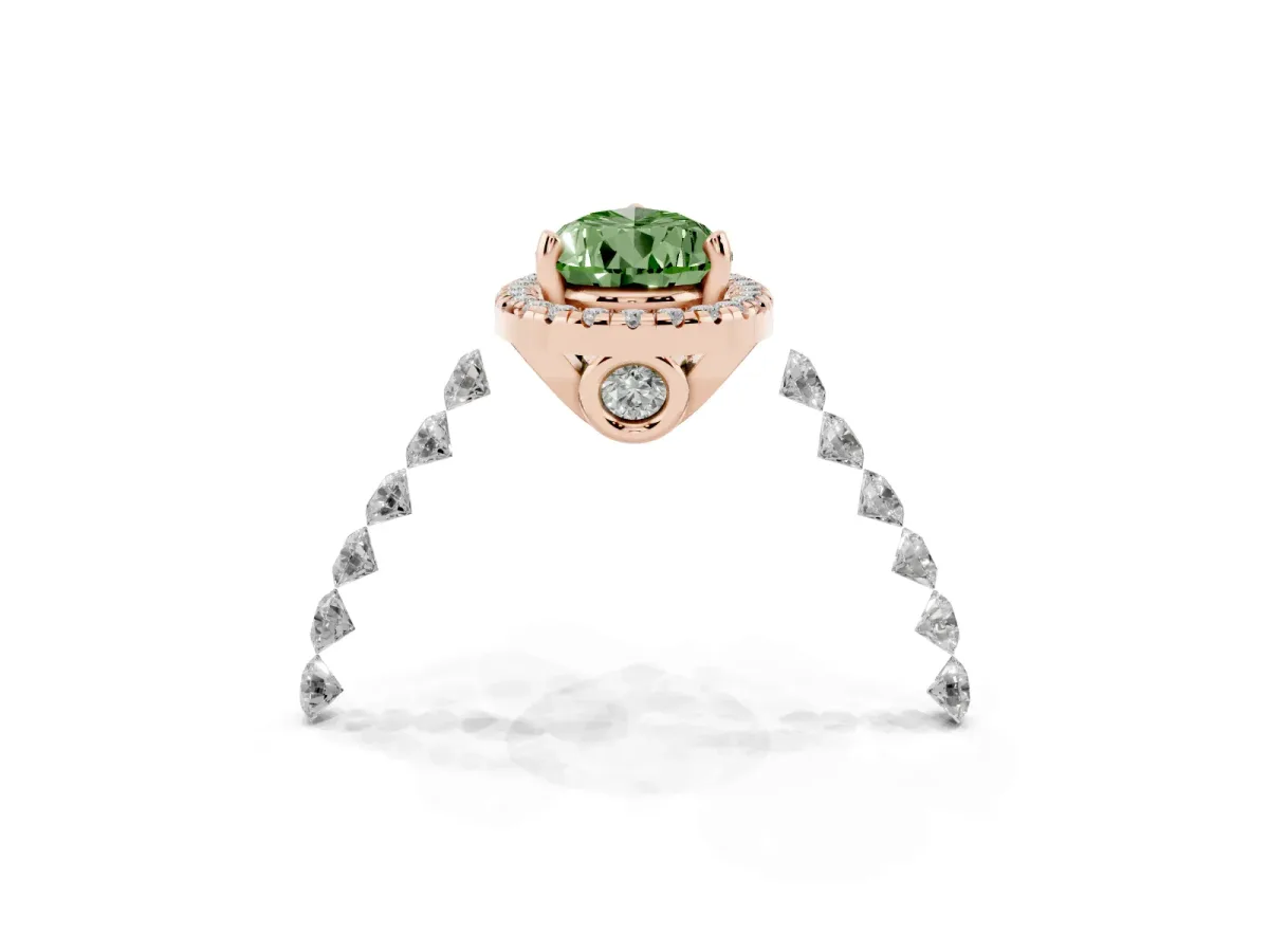 Fancy Green Pear Cut Halo Pavé Diamond Engagement Ring with Four-Prong Setting Rose gold