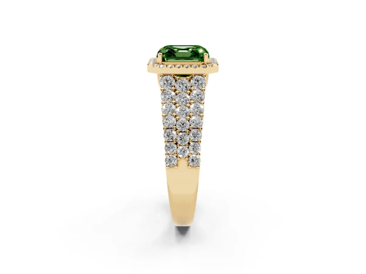 Fancy Green Asscher Cut Diamond Halo Engagement Ring with Triple Row Round Pavé Band and Prong Setting Yellow gold