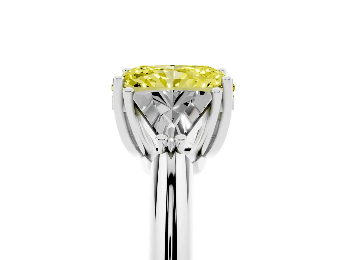 Fancy Yellow Three-Stone Radiant Cut Diamond Engagement Ring with Trillion Side Stones and Prong Setting White gold