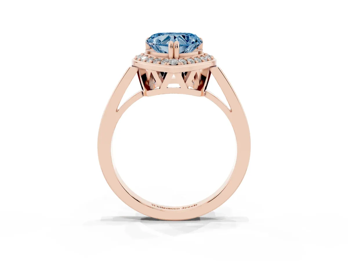 Fancy Blue Heart Cut Diamond Halo Ring with Split Shank and Four-Prong Setting Rose gold