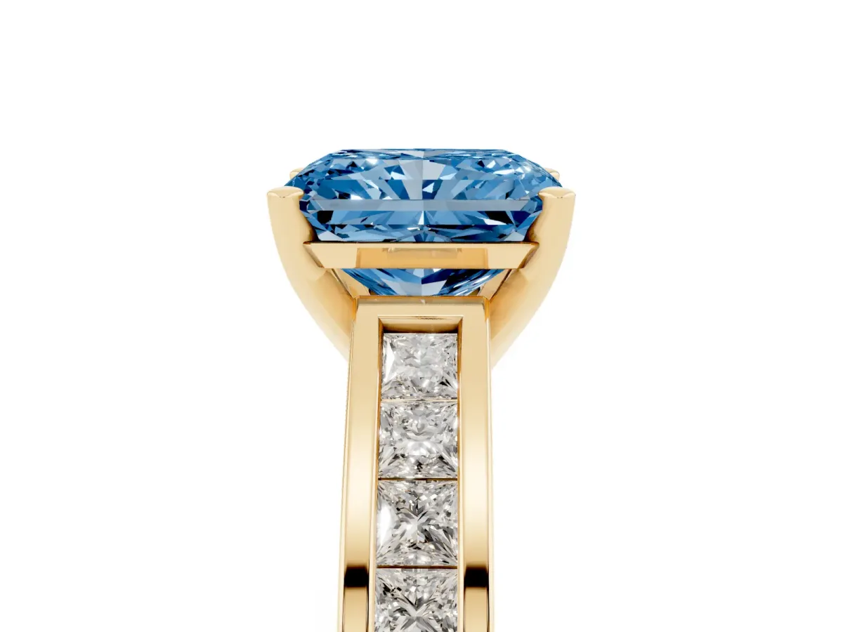 Fancy Blue Radiant Cut Solitaire Diamond Ring with Channel-Set Band and Four-Prong Setting Yellow gold