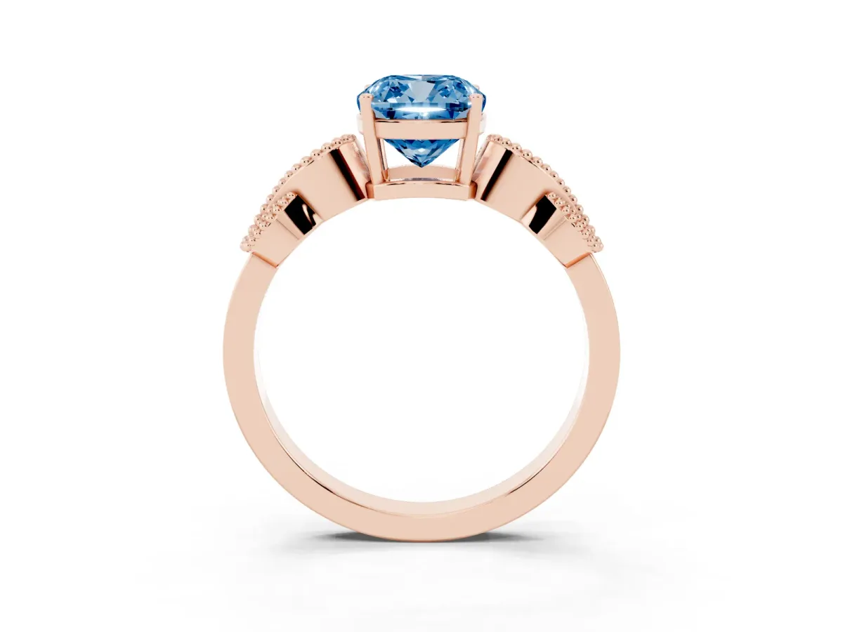 Fancy Blue Cushion Cut Solitaire Milgrain Leaf Band with Prong Setting Rose gold