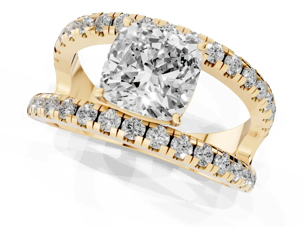 Cushion Cut Solitaire Split Shank Pave Diamond Ring Yellow gold