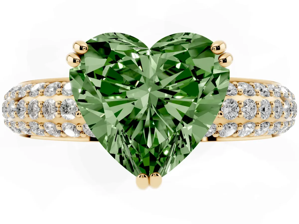Fancy Green Heart Cut Diamond Solitaire Ring with Multi-Row Round Pavé Band and Prong Setting Yellow gold
