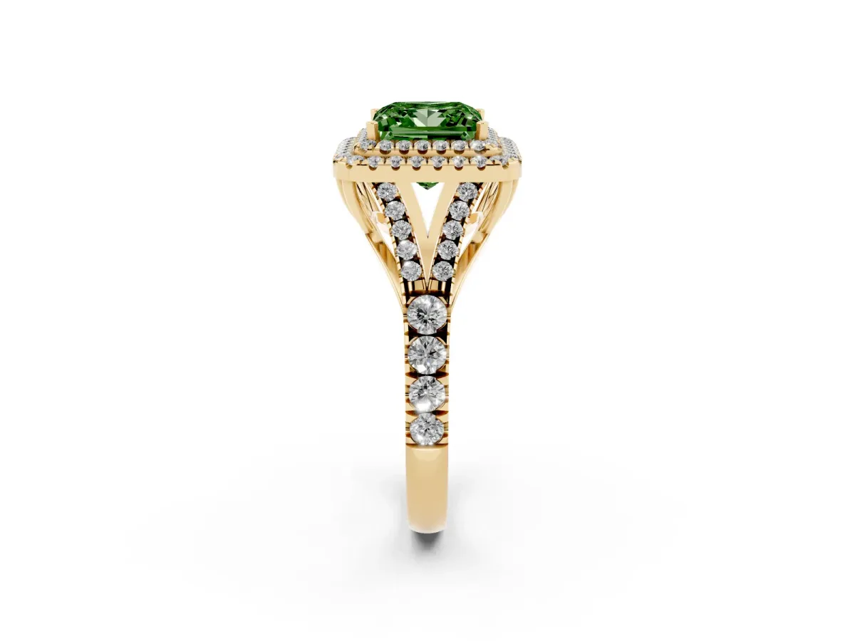 Fancy Green Princess Cut Cut Double Halo Split Shank Diamond Ring with Prong Setting Yellow gold