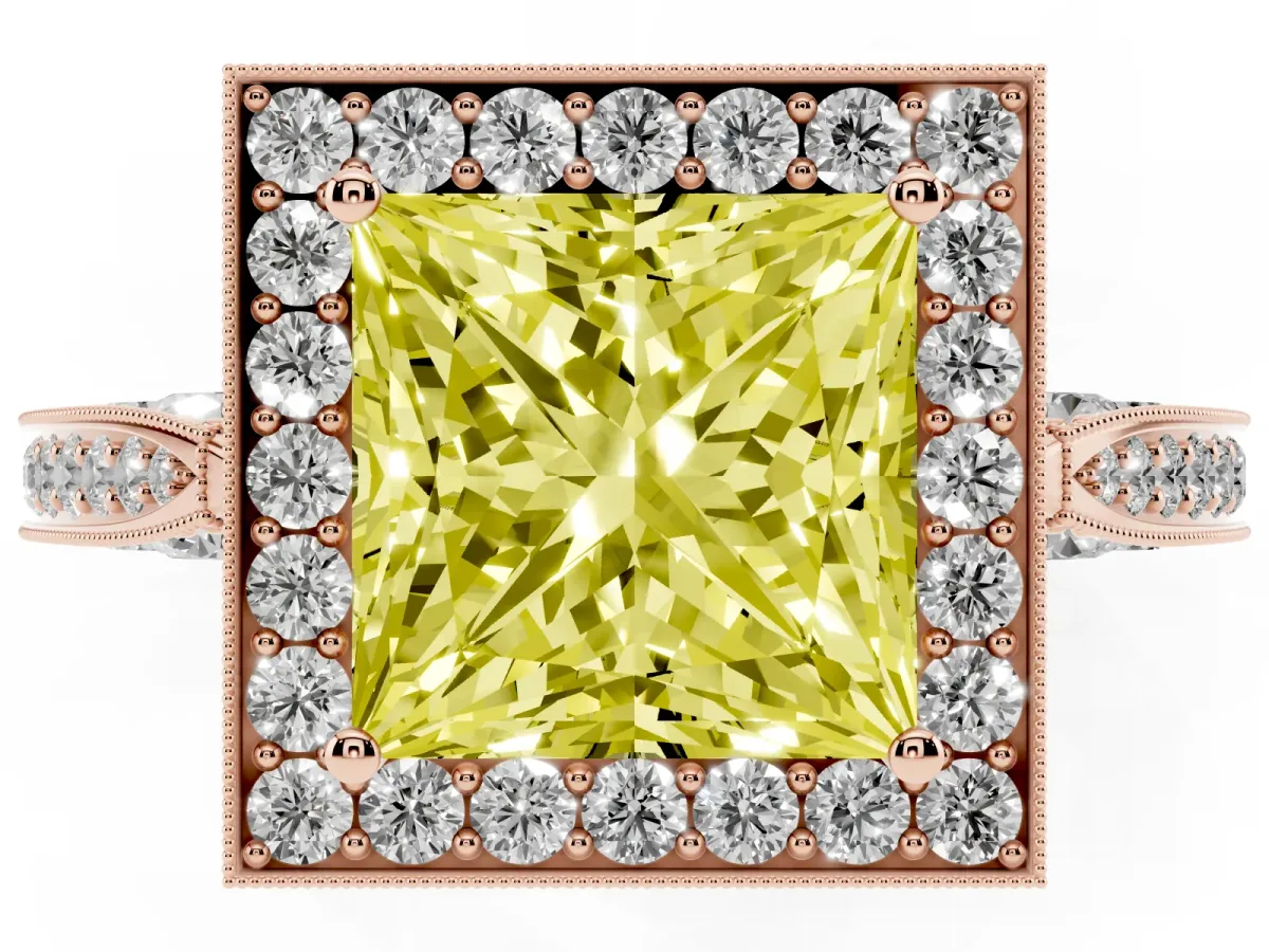 Fancy Yellow Princess Cut Halo Diamond Engagement Ring with Split Shank Band and Four-Prong Setting Rose gold