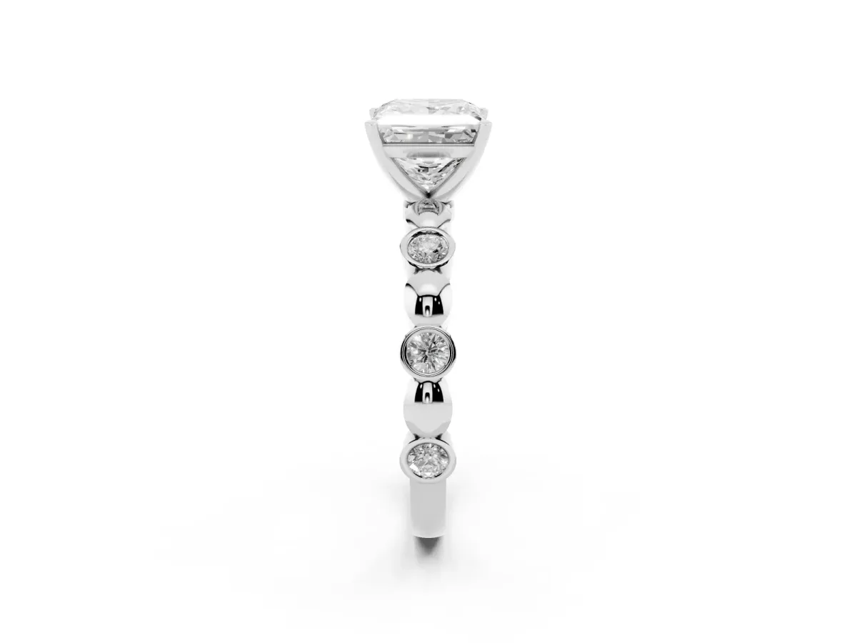 Princess Cut Solitaire Bezel-Set Diamond Ring with Beaded Band and Four-Prong Setting Silver