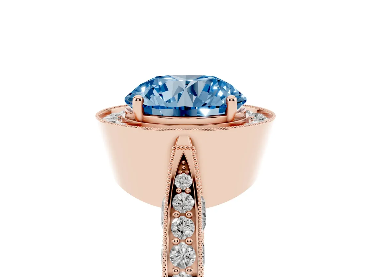 Fancy Blue Round Cut Halo Diamond Engagement Ring with Split Shank Band and Four-Prong Setting Rose gold