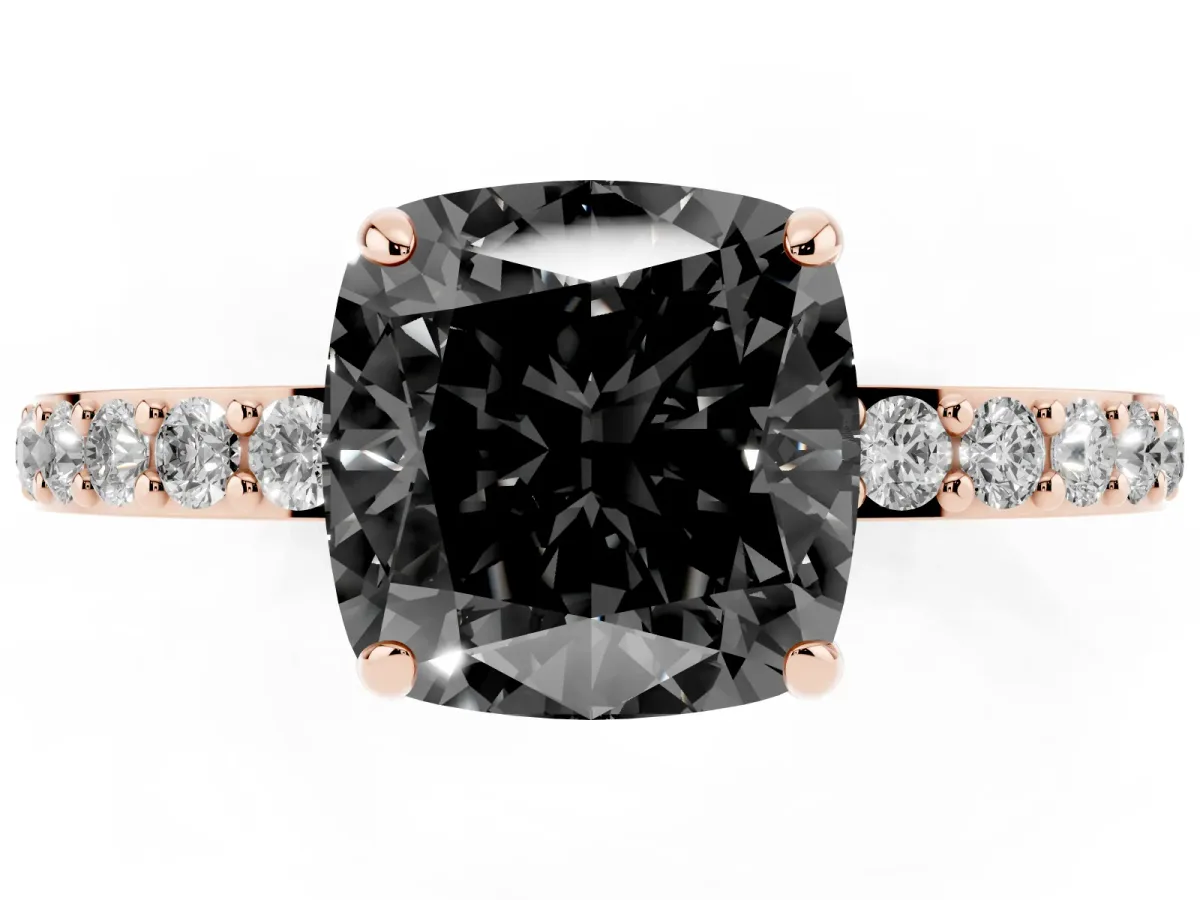 Fancy Black Cushion Cut Diamond Pavé Engagement Ring with Round Accents and Prong Setting Rose gold