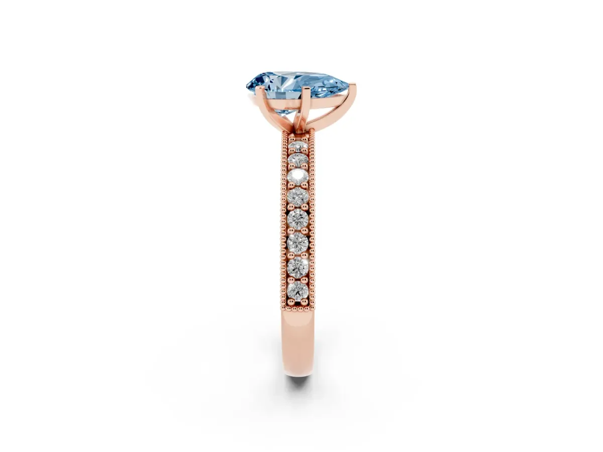 Fancy Blue Pear Cut Diamond Milgrain Pavé Engagement Ring with Four-Prong Setting Rose gold