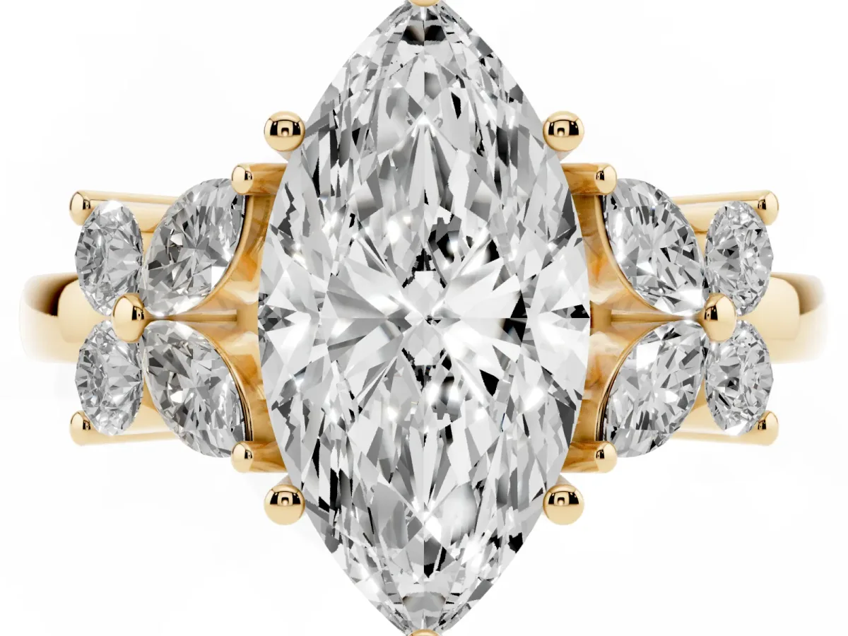 Marquise Cut Diamond Floral Cluster Ring with Solitaire Band and Prong Setting Yellow gold