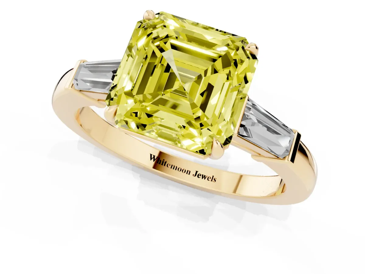 Fancy Yellow Asscher Cut Diamond Three-Stone Ring with Tapered Baguette Side Stones and Prong Setting Yellow gold