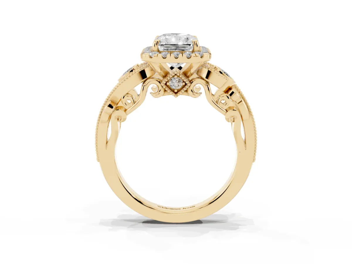 Radiant Cut Diamond Halo Ring with Milgrain Pavé Band and Four-Prong Setting Yellow gold