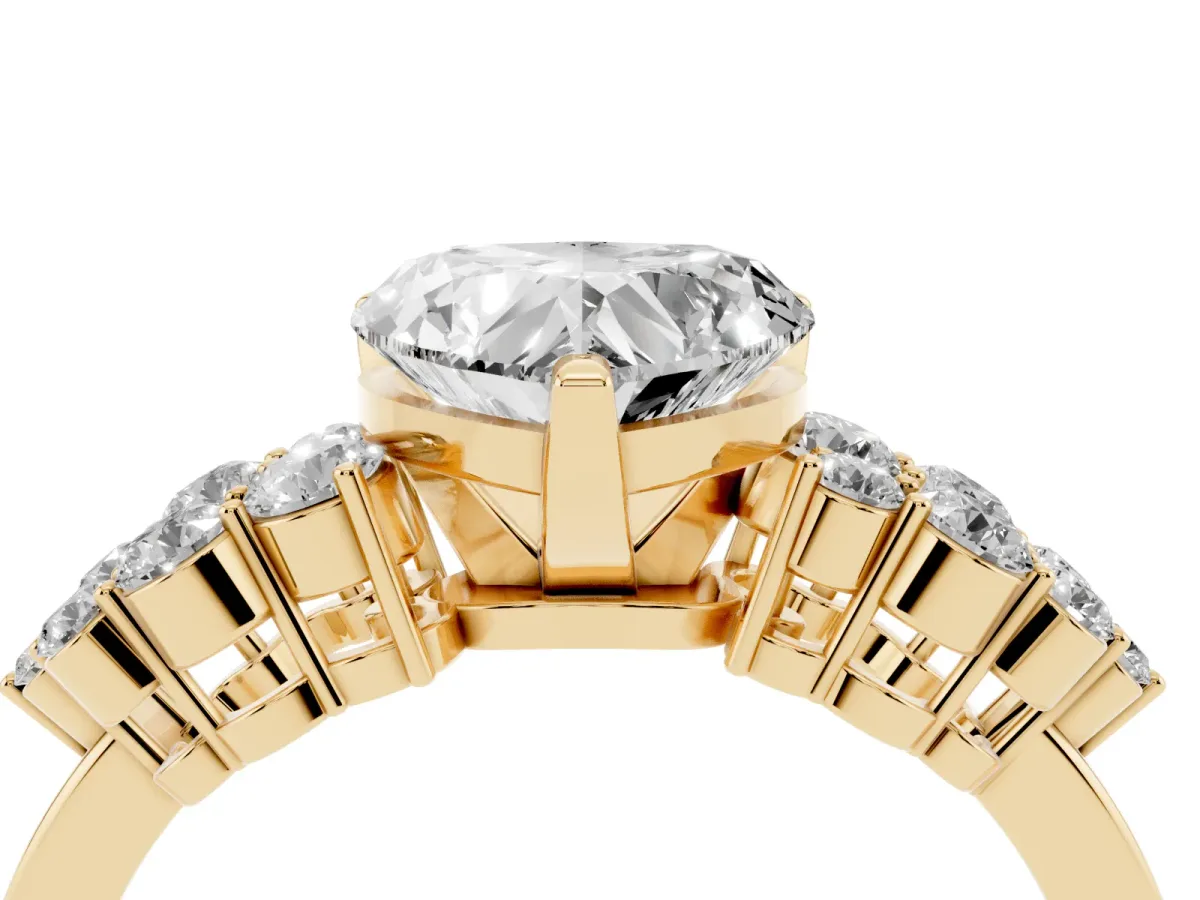 Heart Cut Cluster Diamond Engagement Ring with Pavé Band and Four-Prong Setting Yellow gold