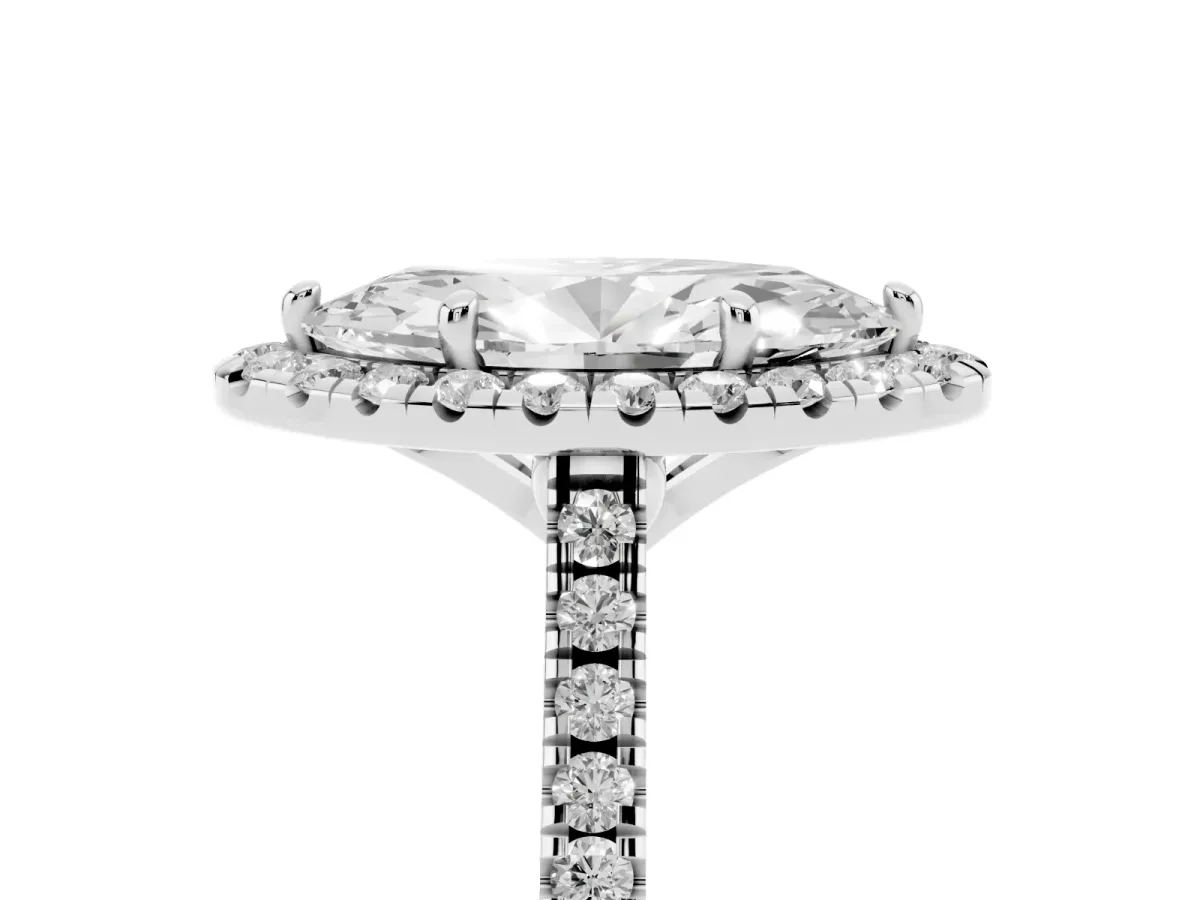 Marquise Cut Diamond Cushion Halo Ring with Pavé Band Silver
