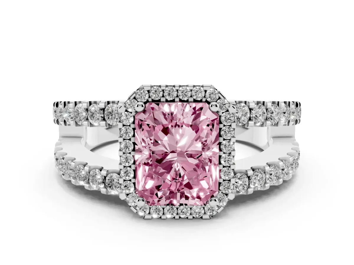 Fancy Pink Radiant Cut Cut Halo Split Shank Diamond Ring with Four-Prong Setting Silver