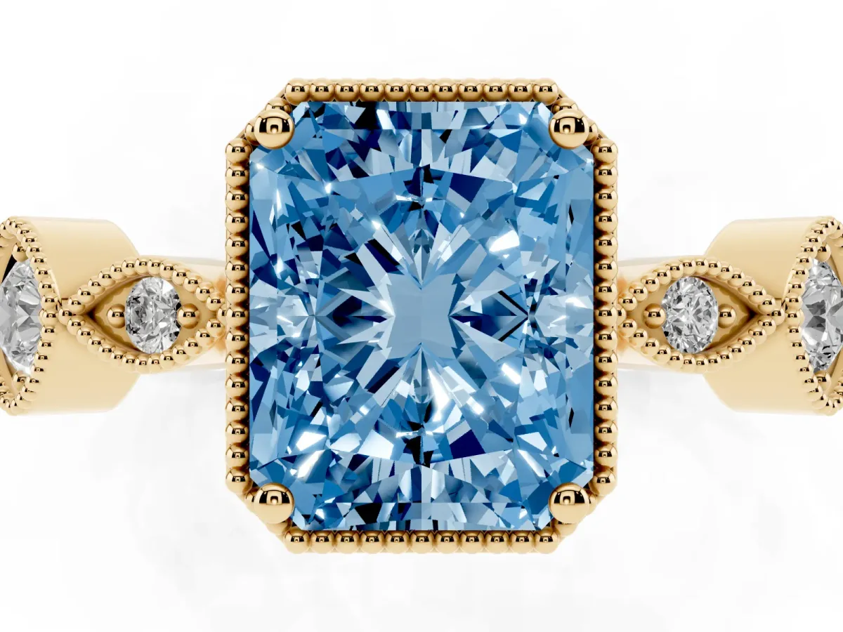 Fancy Blue Radiant Cut Diamond Vintage Milgrain Ring with Round Stations Yellow gold