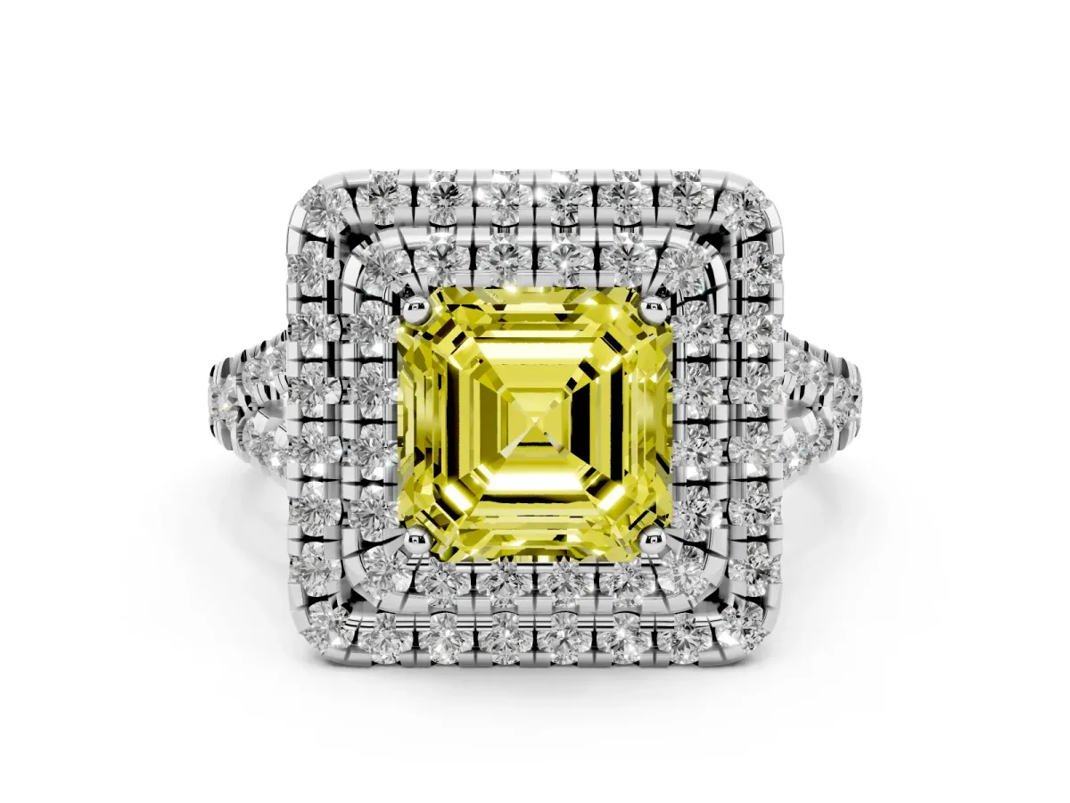 Fancy Yellow Double Halo Asscher Cut Diamond Pavé Split Shank Ring with Prong Setting Silver