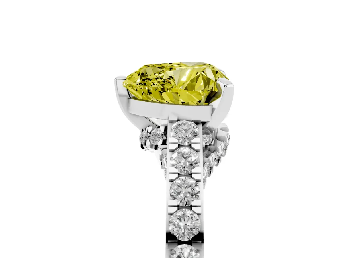 Fancy Yellow Heart Cut Diamond Solitaire Ring with Crossover Gallery and Round Pavé Band Platinum