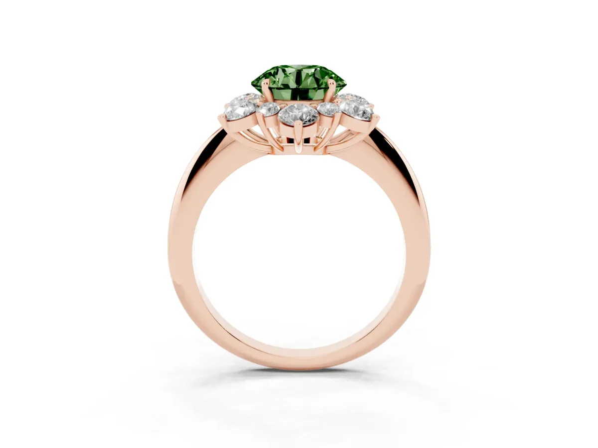 Fancy Green Round Cut Diamond Cluster Halo Ring with Solitaire Band and Four-Prong Setting Rose gold