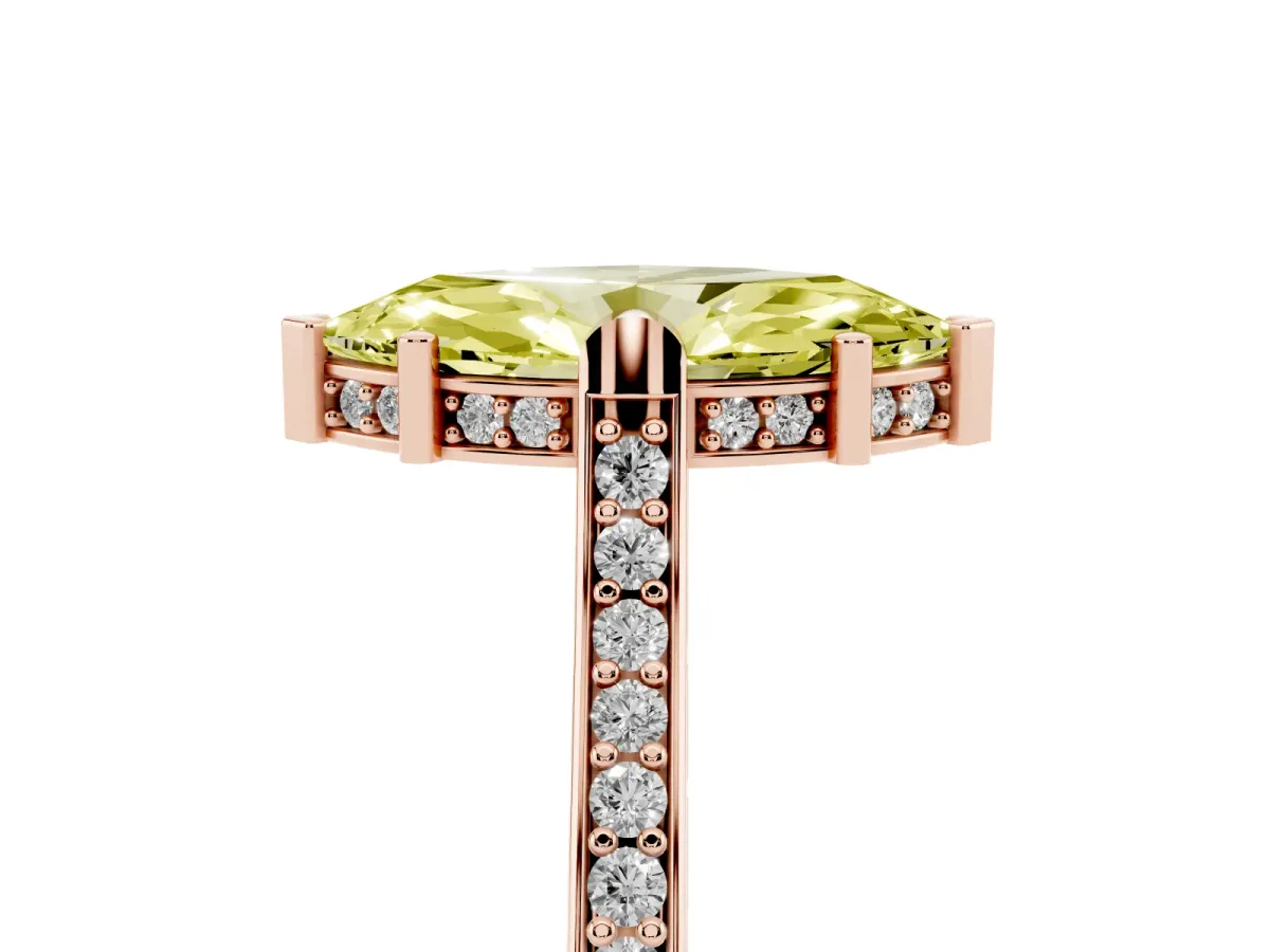 Fancy Yellow Marquise Cut Solitaire Diamond Ring with Channel Set Band and Bezel Prong Setting Rose gold