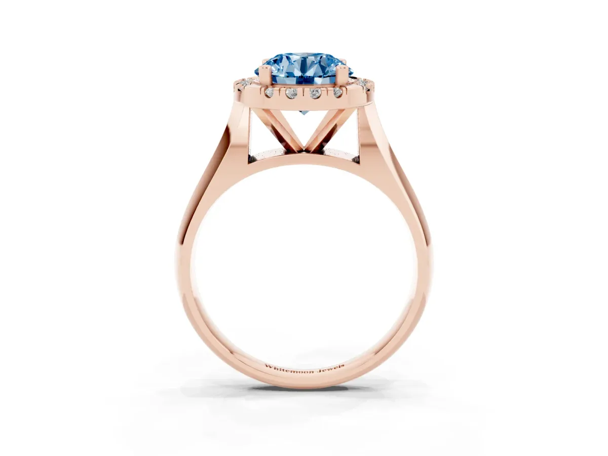 Fancy Blue Round Cut Cut Halo Solitaire Engagement Ring with Square Band and Four-Prong Setting Rose gold