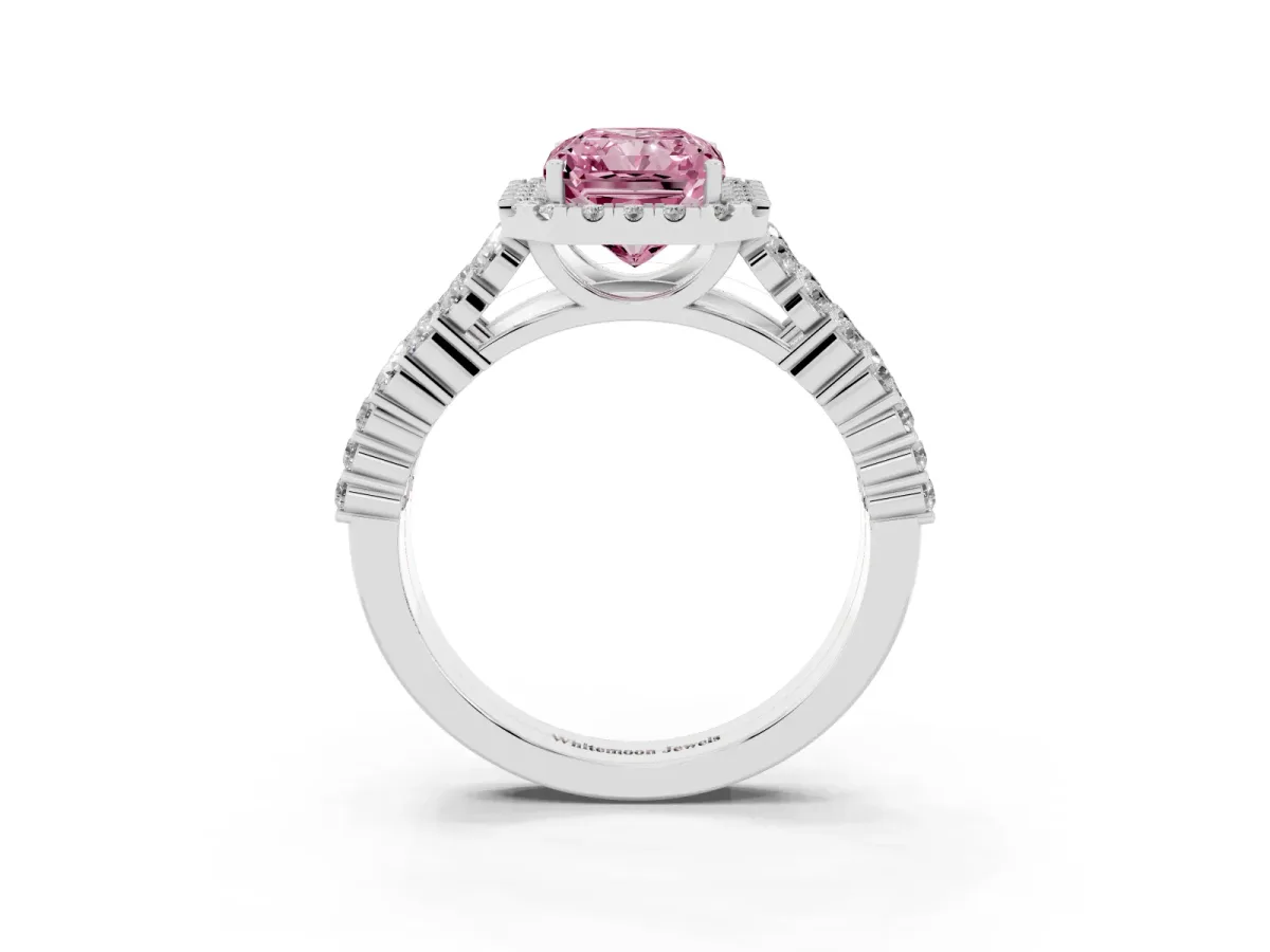 Fancy Pink Radiant Cut Diamond Halo Engagement Ring with Triple Row Round Pavé Band and Prong Setting Silver