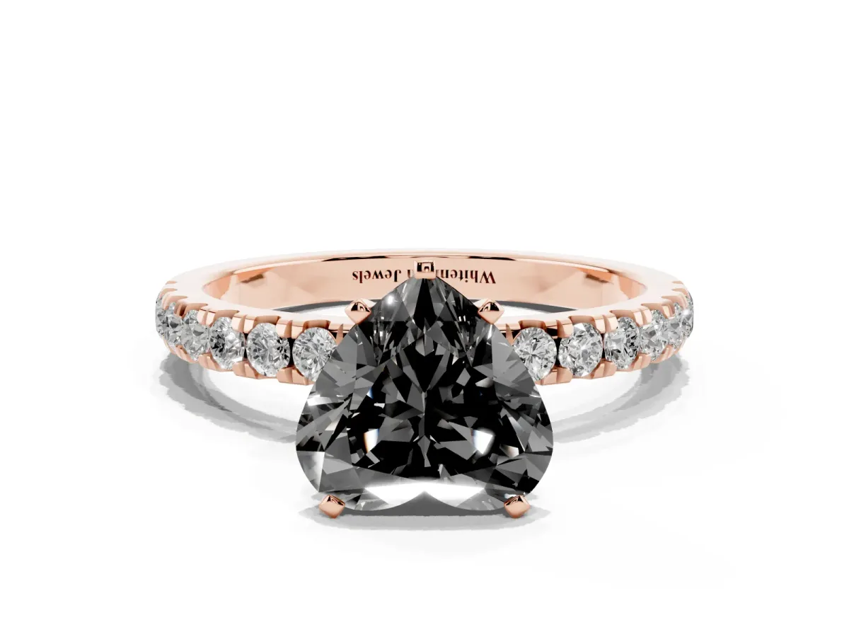 Fancy Black Heart Cut Diamond Solitaire Ring with Pavé Accents and Four-Prong Setting Rose gold