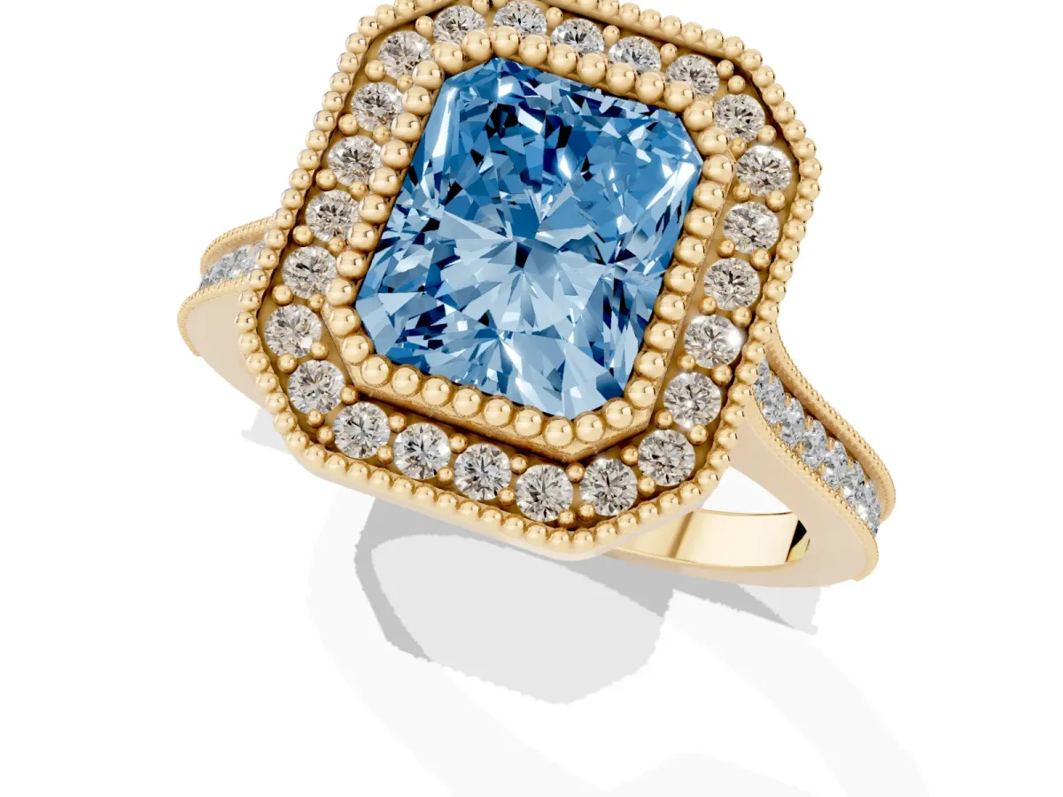 Fancy Blue Radiant Cut Diamond Halo Ring with Milgrain Frame and Pavé Band Yellow gold