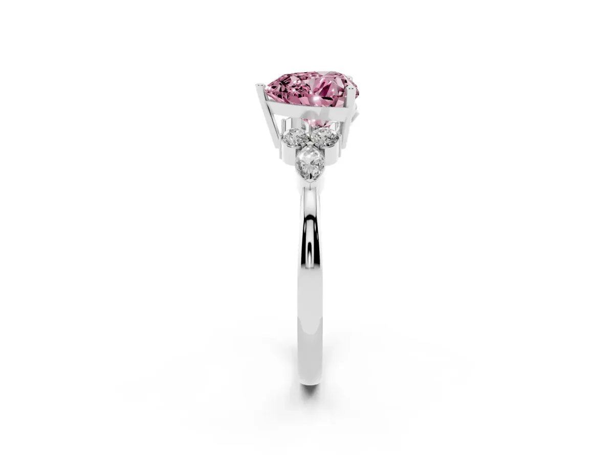 Fancy Pink Heart Cut Brilliant Diamond Solitaire Ring with Pear Side Stones and Four-Prong Setting Platinum