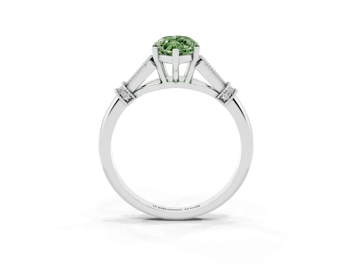 Fancy Green Marquise Cut Diamond Solitaire Ring with Floral Filigree and Pave Accents Platinum